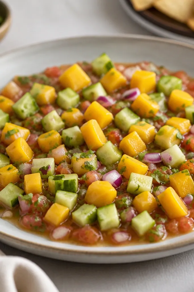 A shallow, wide-rim platter with salsa spread in a thin layer; cucumber cubes are visible on top with mango peaks and red onion scattered throughout.