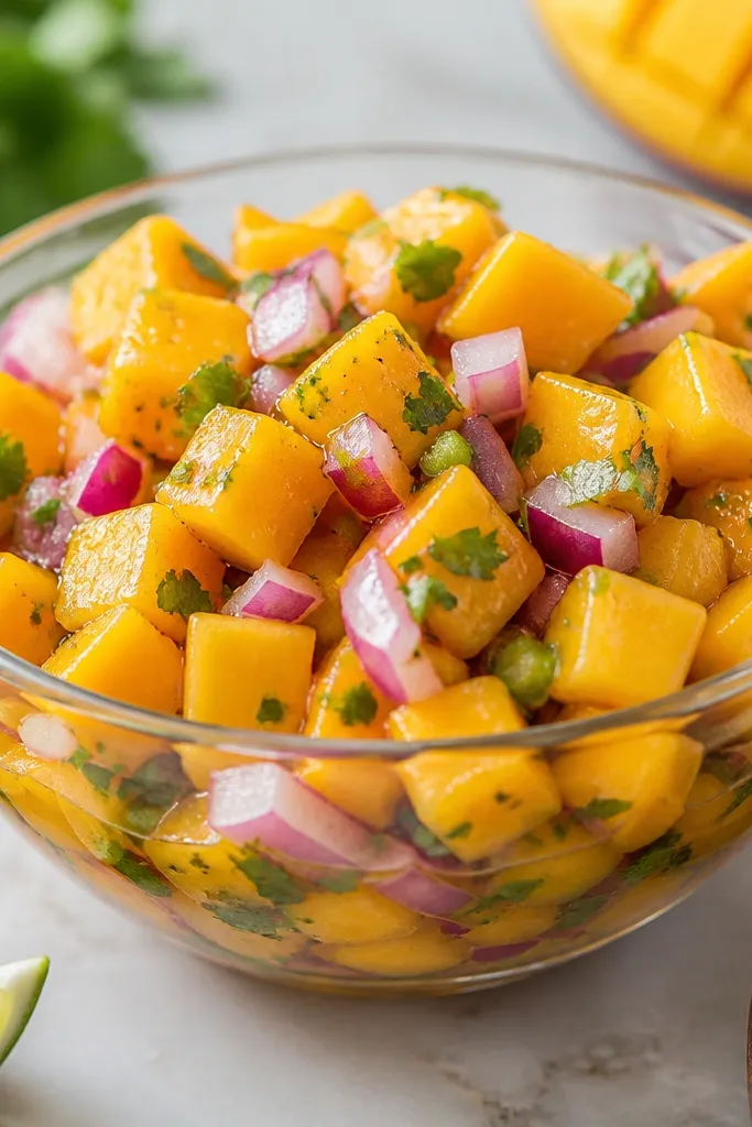A clear glass bowl filled with chunky mango salsa, orange mango cubes mixed with visible red onion rings and tiny green herb flecks, glossy lime sheen on top.
