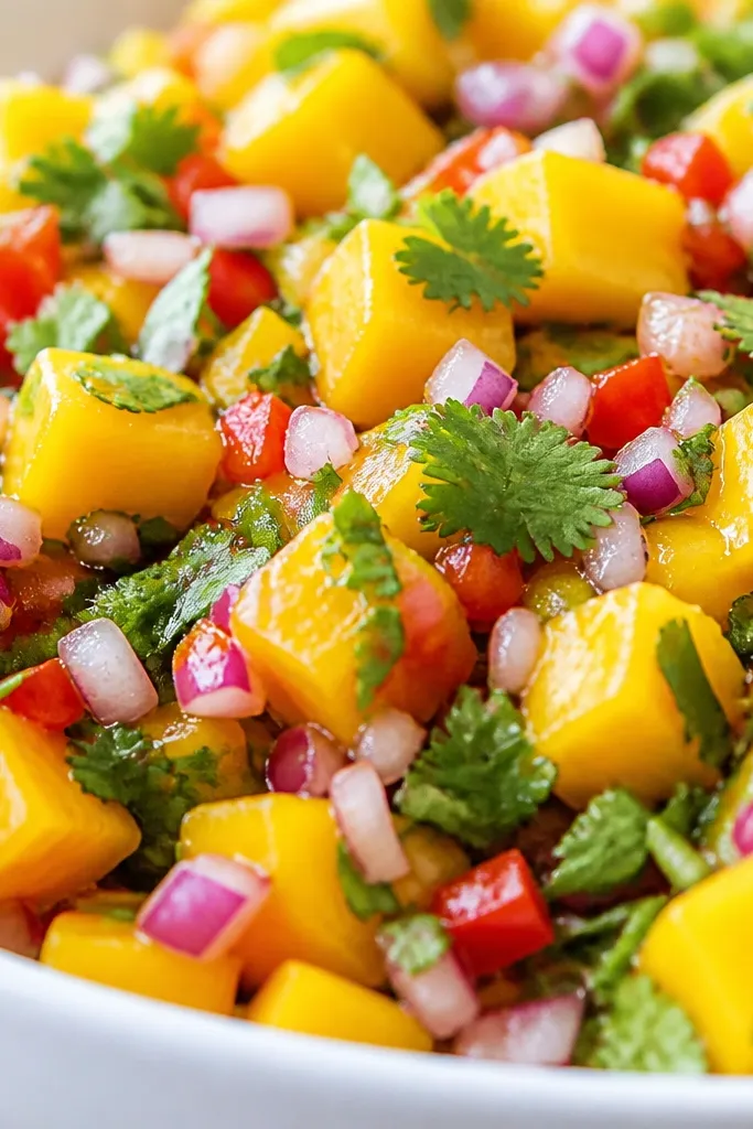 Close-up of salsa with thin red onion pieces scattered throughout like confetti, cilantro leaves folded on top, mango cubes still distinct.