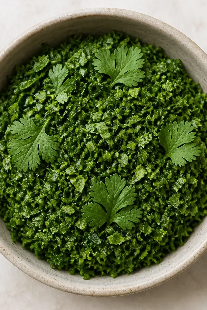 Top-down view where cilantro is mostly chopped into fine bits, but a few whole small cilantro leaves sit on the surface like caps.