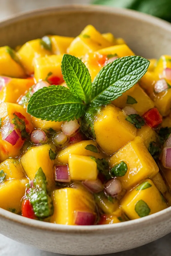 Mango salsa with a few bright mint leaves on top and fine mint bits throughout, the surface reflecting light with a smooth glossy sheen.