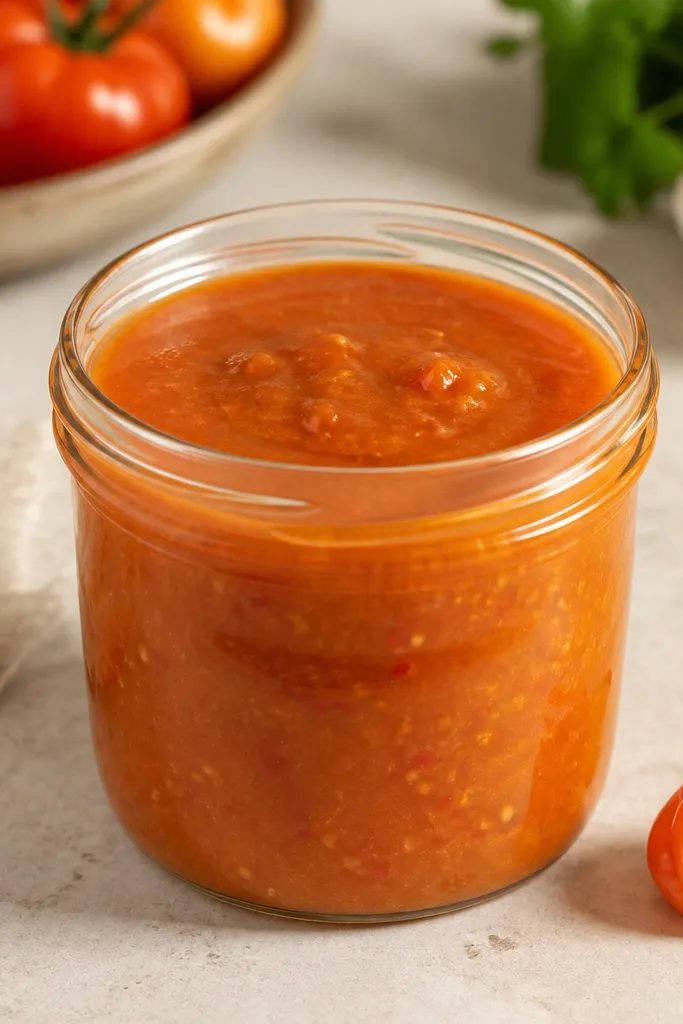 The salsa has small red-orange habanero bits distributed evenly, with a slightly deeper orange stripe where the pepper concentrate was folded last.