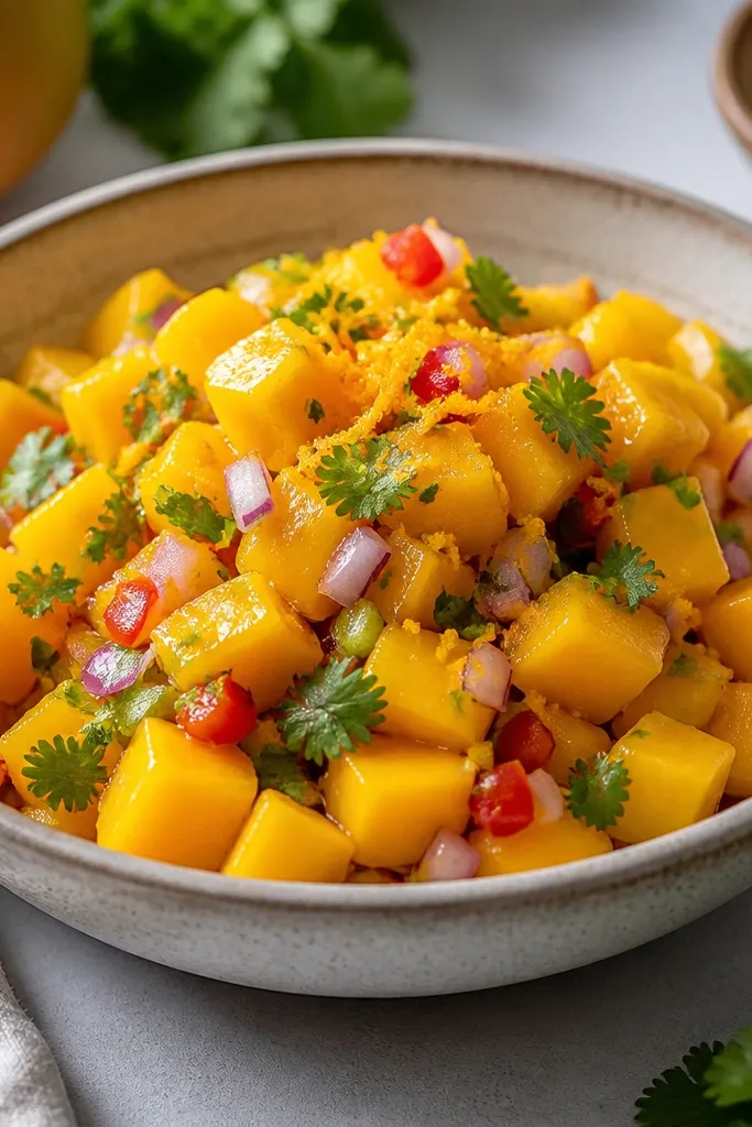 A bowl of mango salsa with faint flecks of orange zest on top, bright specks against the orange mango cubes.