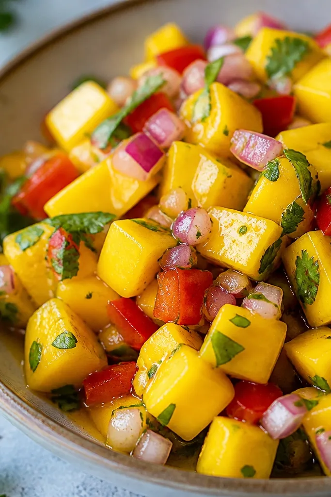 The salsa surface looks glossy and lightly streaked with olive oil, light catching on mango edges in a close-up.
