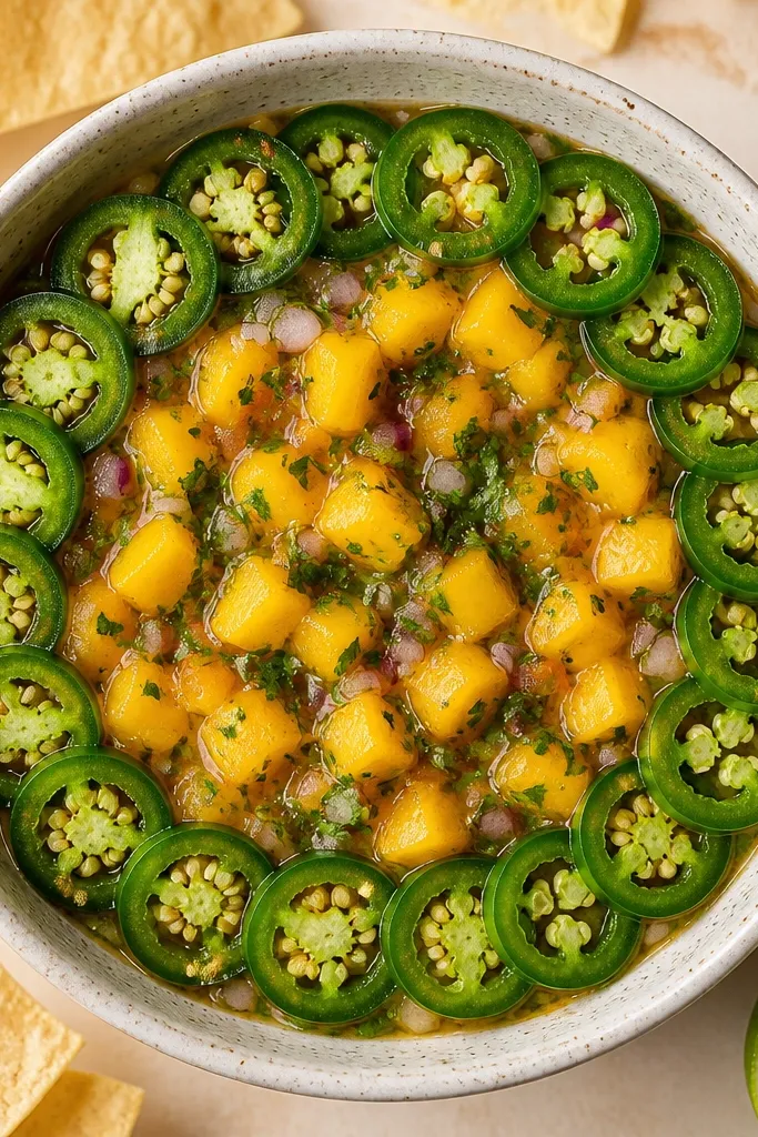 Salsa with thin jalapeño rings laid on top like a decorative border, while the inside is mixed orange mango and herbs.
