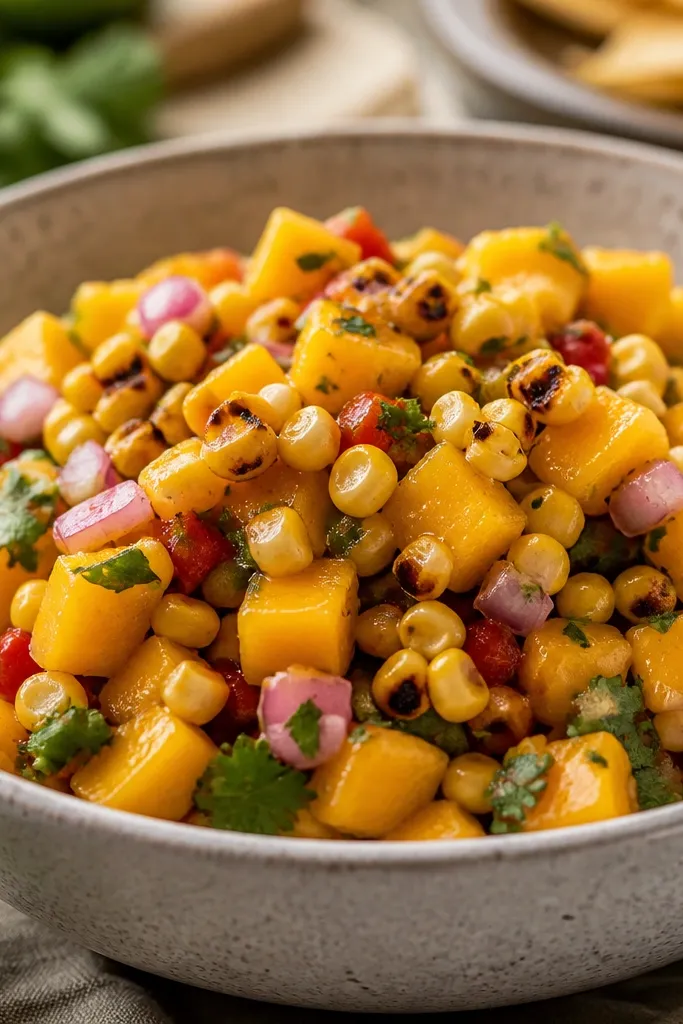 Mango salsa topped with small charred corn kernels, darker golden spots on top against orange mango.