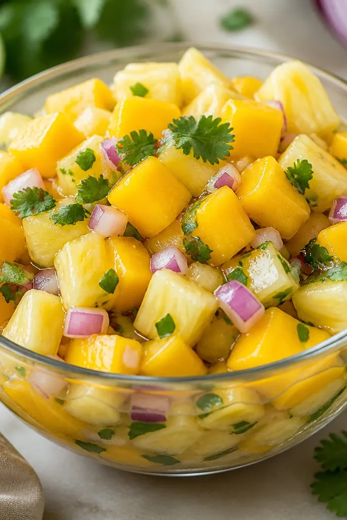 A clear glass bowl filled with mango pineapple salsa. The mango pieces are golden and glossy, pineapple is pale and juicy, and red onion bits are scattered throughout. Lime juice sheen catches the light; cilantro is sprinkled on top.