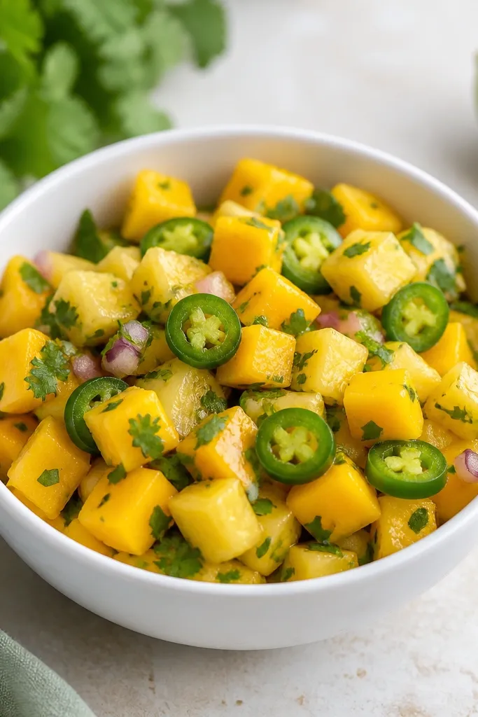 A small white bowl of mango pineapple salsa with visible jalapeño slices. The jalapeño pieces show pale green interiors where seeds were removed, and the salsa has a speckled green cilantro top.