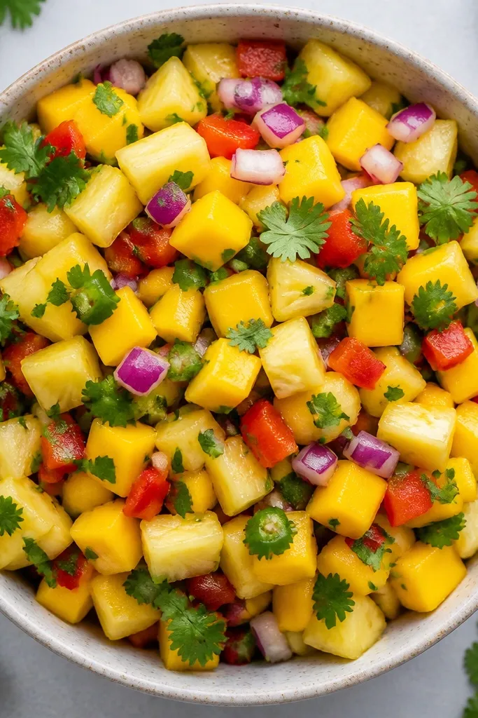 Top-down photo of mango pineapple salsa with small cilantro leaf pieces scattered evenly. The green looks fresh and bright, not dark or wilted.