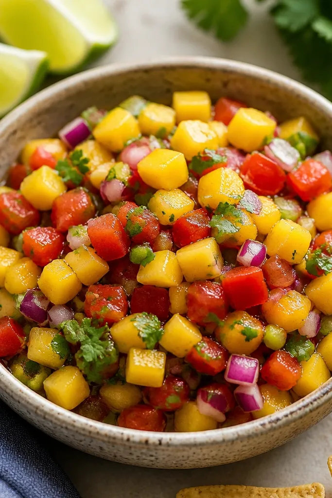 A bowl of salsa with tiny yellow-green flecks visible on the surface. The fruit cubes look dry and defined, with a thin lime sheen.