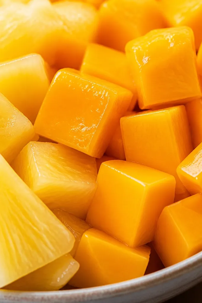 Macro shot of mango cubes with sharp edges and a glossy surface. The cubes are uniform in size and sit next to pineapple chunks in the bowl.