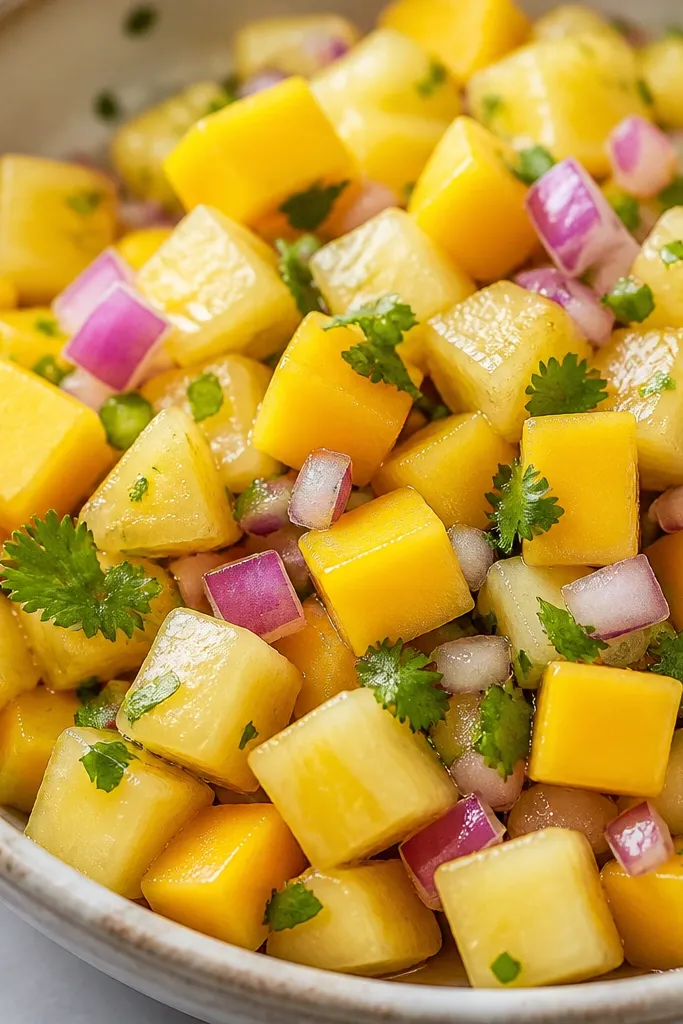 Pineapple pieces that look crisp and slightly translucent, diced into small chunks. They're evenly distributed in the salsa beside mango cubes.