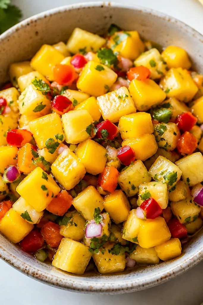Mango pineapple salsa with small diced red and orange bell pepper pieces. The salsa looks colorful and thick with minimal liquid around the edges.