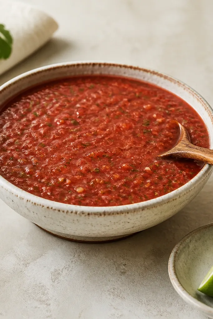 A salsa bowl with a small serving spoon resting on the rim and a lime wedge on a side plate. The salsa surface is level and looks thick enough to scoop cleanly.