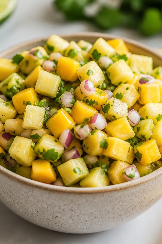 A bowl of salsa where mango pieces look slightly paler but still distinct. The salsa has a clean sheen and even distribution of pineapple and onion.