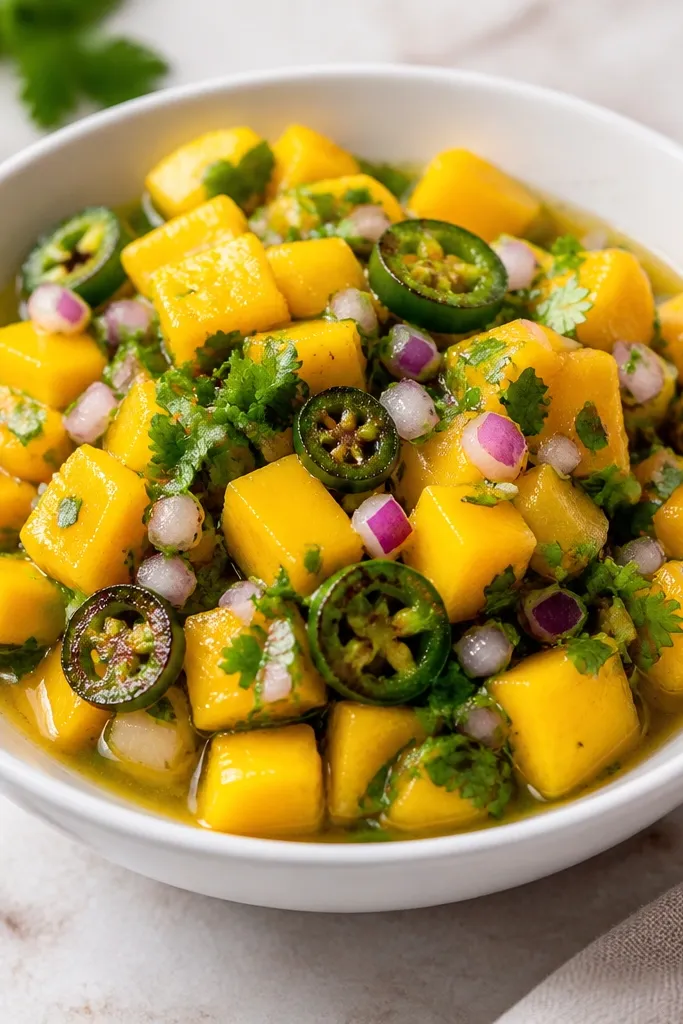 A white bowl filled with chunky mango salsa: golden mango cubes, flecks of bright green cilantro, and visible small red onion bits. A few jalapeño slices look lightly blistered and darker green, with lime juice pooling slightly at the edges.