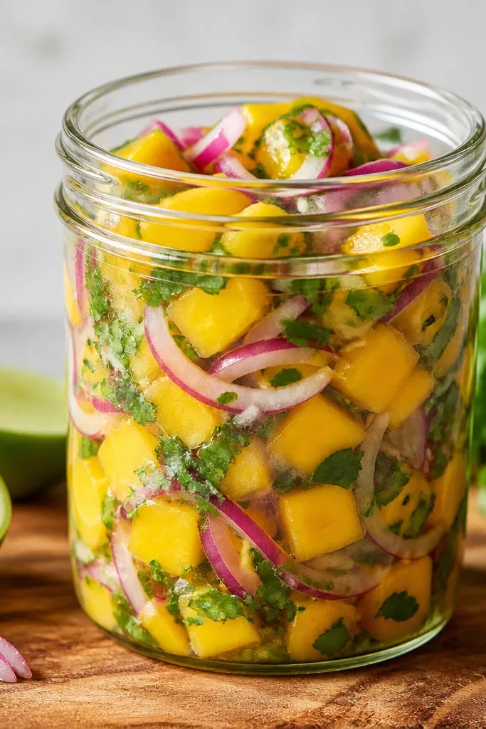 A glass jar on a cutting board with mango salsa inside. The salsa has pale golden mango, bright green cilantro, and thin half-moon slices of red onion that look pink at the edges. Lime juice makes a glossy sheen on top.