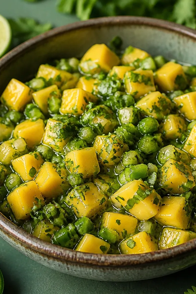 A bowl where mango is mostly golden but the dominant color is green. Finely chopped cilantro and diced jalapeño create a green-speckled salsa, with lime juice visibly wet on the surface.