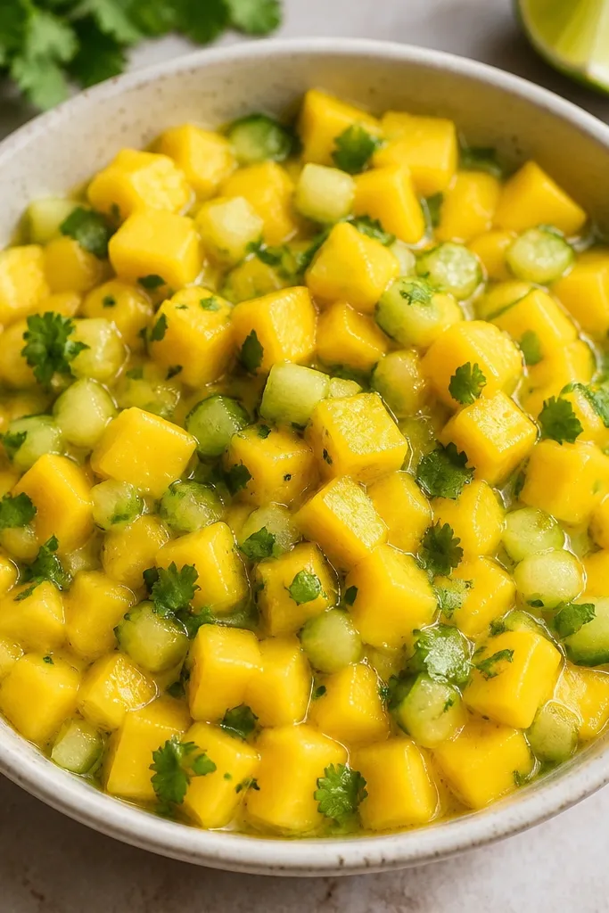 A shallow bowl of mango salsa where the only visible crunch is pale green celery cubes and bright cilantro. The salsa looks clean and mostly golden with scattered green flecks and a glossy lime shine.