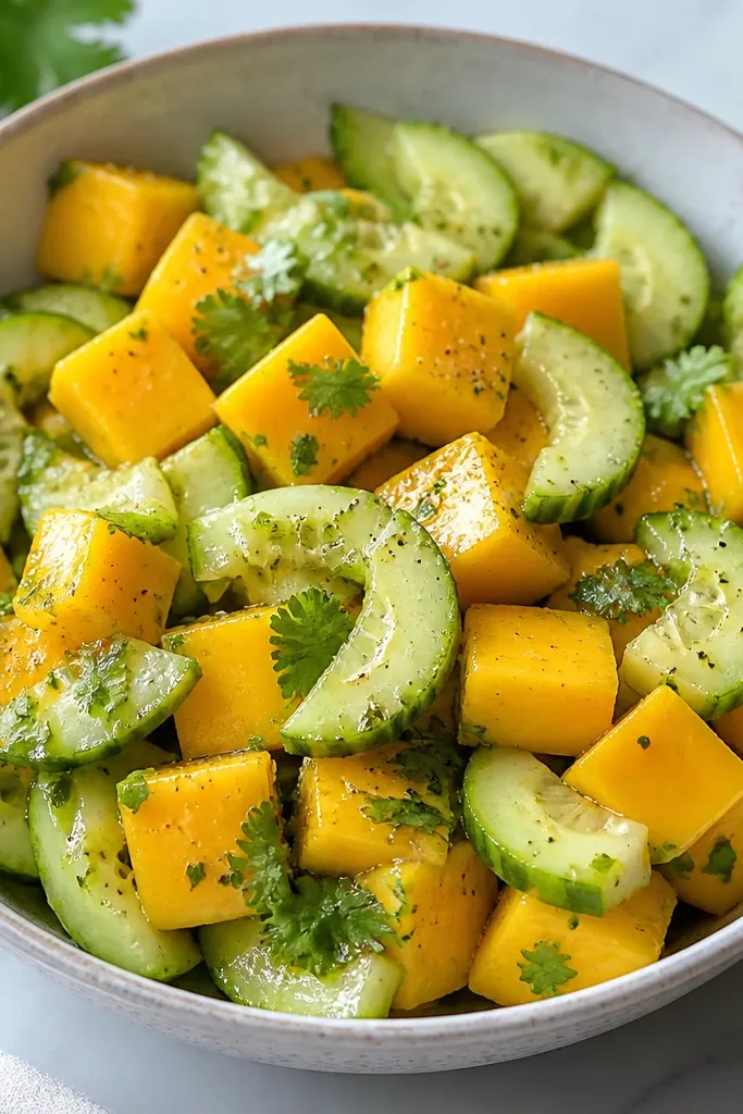 A bowl with mango cubes mixed with pale green cucumber half-moons. There are small black specks from pepper, bright cilantro leaves, and a light lime dressing that lightly coats everything.