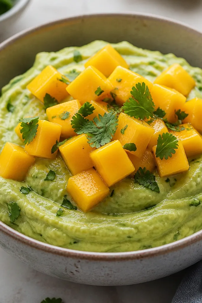 A bowl where mango cubes sit on top of a pale green avocado mash. The mash looks creamy and smooth, while cilantro and lime juice add brightness with small green flecks.