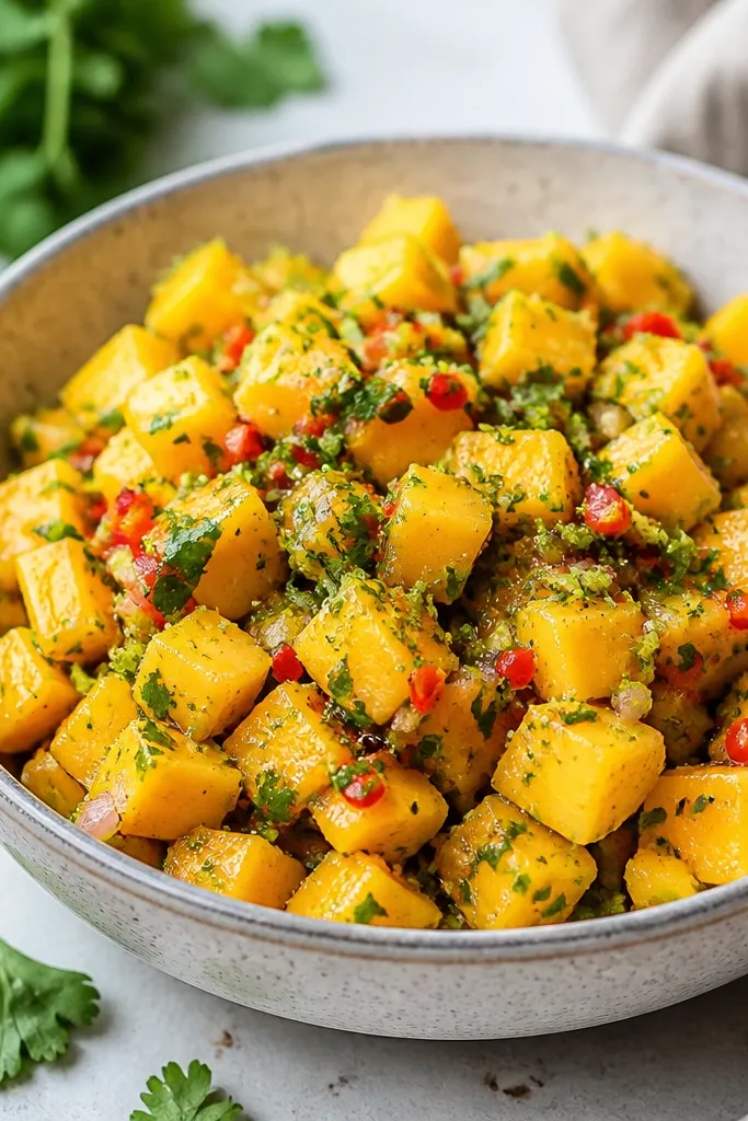 A bright bowl with mango cubes, tiny red chili bits, and speckles of green lime zest. Cilantro is visible as chopped leaves, and the salsa has a more textured, slightly dry look than watery salsas.