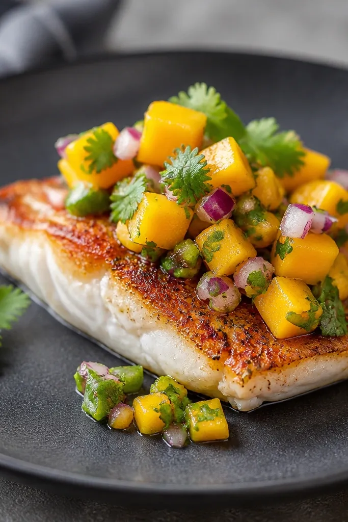 A dark charcoal-gray plate with a seared fish fillet. Mango salsa is spooned in a vivid orange-and-green mound on top, with cilantro flecks and red onion bits clearly visible.