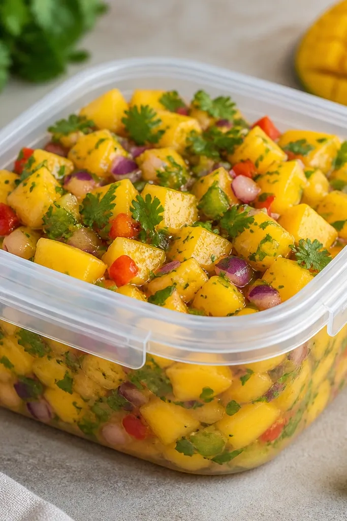 A tight-lid container filled with mango salsa that looks thick and scoopable. The mango cubes are distinct, cilantro is evenly spread, and there's minimal liquid at the bottom.