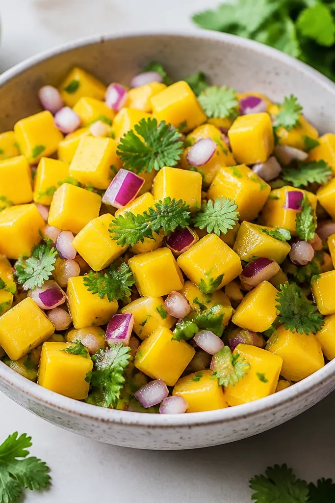 A bowl of mango salsa where the surface looks dry-ish and textured, not wet. Mango cubes are glossy but not submerged, cilantro is bright, and red onion bits look crisp.