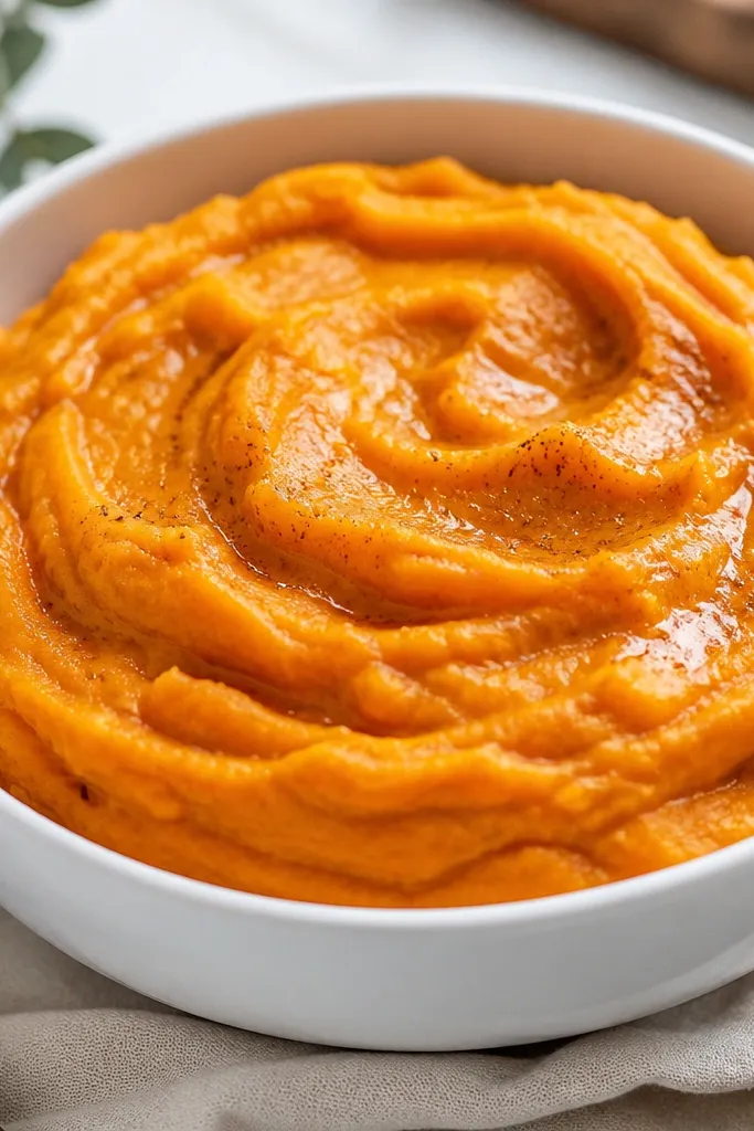 A white ceramic bowl filled with glossy mashed sweet potatoes in a deep golden color. The surface has soft swirls and a light sheen from melted butter, with a few tiny cinnamon specks scattered on top.