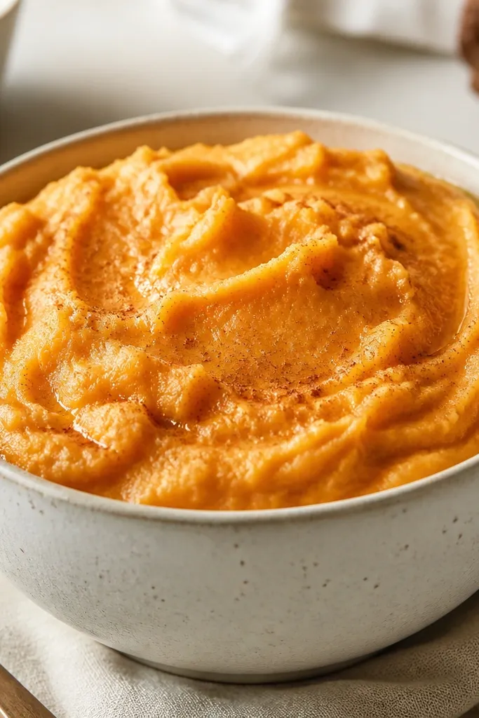A bowl of pale orange mashed sweet potatoes with a fluffy, whipped texture. The top looks airy with small peaks, dusted lightly with cinnamon, and a small ribbon of melted butter around the rim.