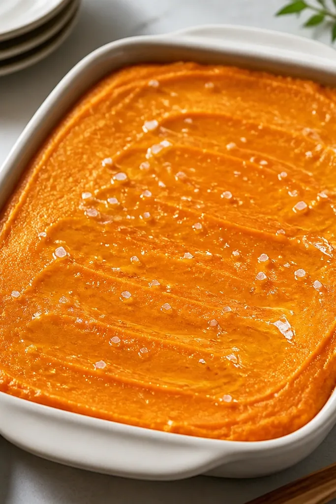 A shallow baking dish filled with smooth mashed sweet potatoes. The surface is perfectly even and shiny, with a few butter streaks that catch the light, and a sprinkle of coarse sea salt.