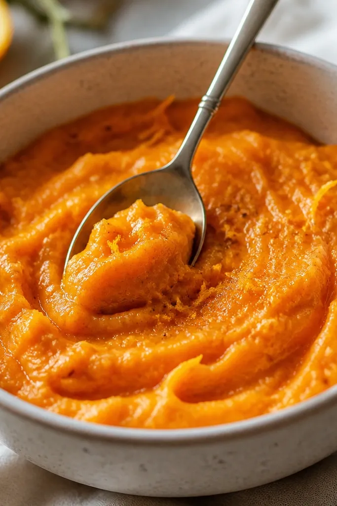 A spoon resting in a bowl of mashed sweet potatoes colored bright orange. The mash looks thick and spoon-coating, with tiny honey-colored flecks and a light orange zest dusting on top.