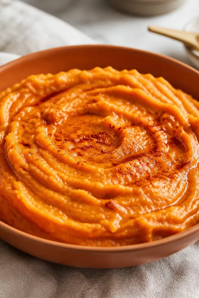 A deep orange bowl of mashed sweet potatoes with a darker marbled swirl. The surface has a subtle reddish-brown streak and looks glossy, with a few pinches of smoked paprika on top.