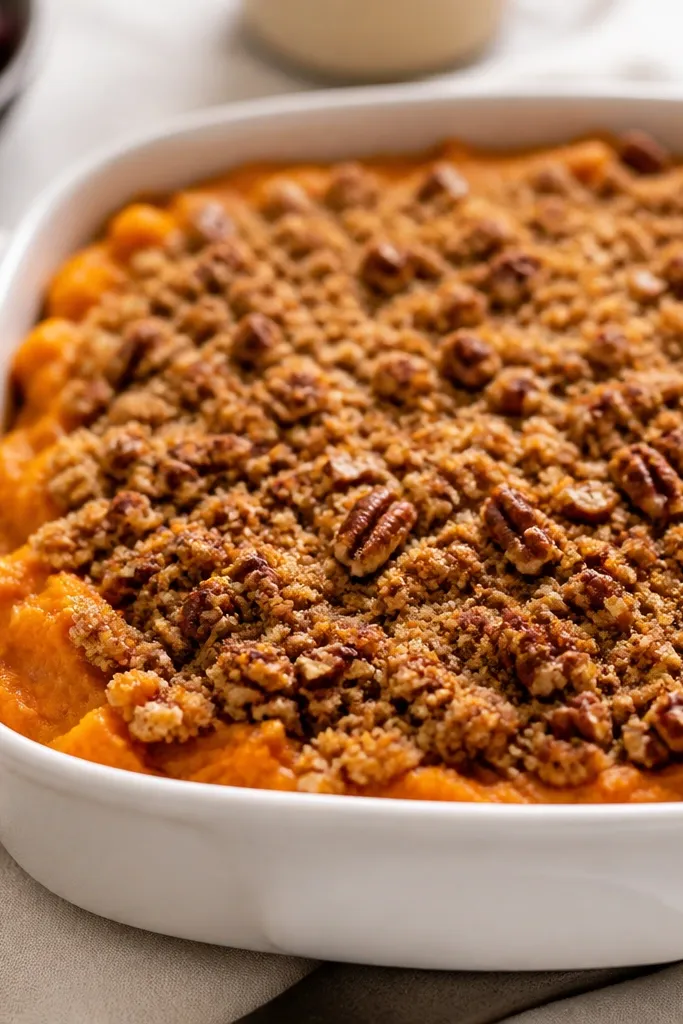 Mashed sweet potatoes in a casserole dish with a crumbly topping. The top is golden-brown with visible pecan pieces, and the mash underneath peeks around the edges in thick orange mounds.