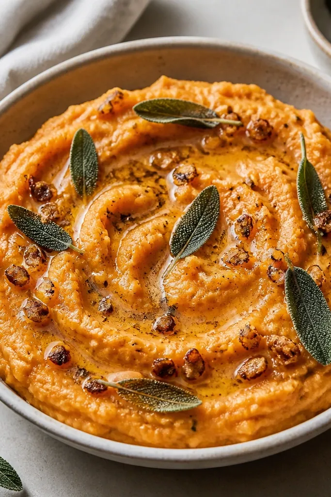 A creamy orange mash in a bowl with flecks of green sage. Around the edge, there are small browned garlic bits and a drizzle of sage butter, with a few sage leaves visible.
