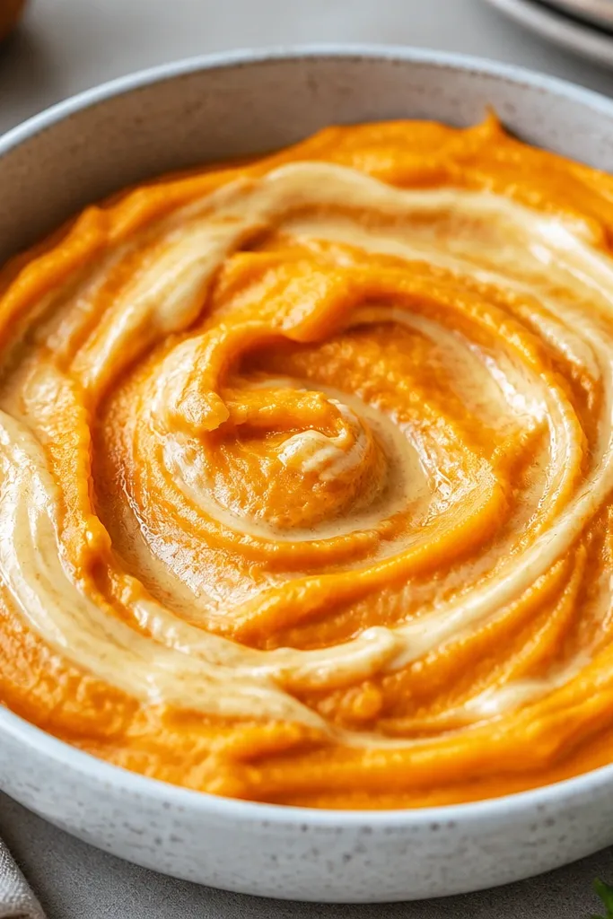 Mashed sweet potatoes in a wide bowl with a marbled swirl pattern. A pale maple-cream ribbon spirals across the orange base, and the surface looks smooth with a slight gloss.
