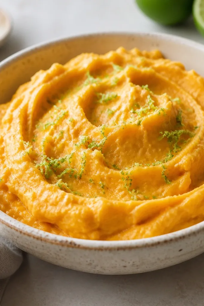 Mashed sweet potatoes with a warm orange base and a subtle creamy pale tint. The top is dusted with lime zest and looks fresh, with a sheen from coconut milk.