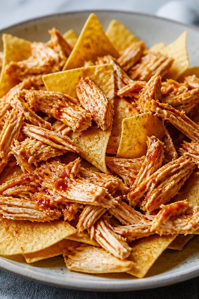 Shredded chicken scattered over chips in uneven piles, with red-orange seasoning visible on the meat and a glossy sheen from sauce.