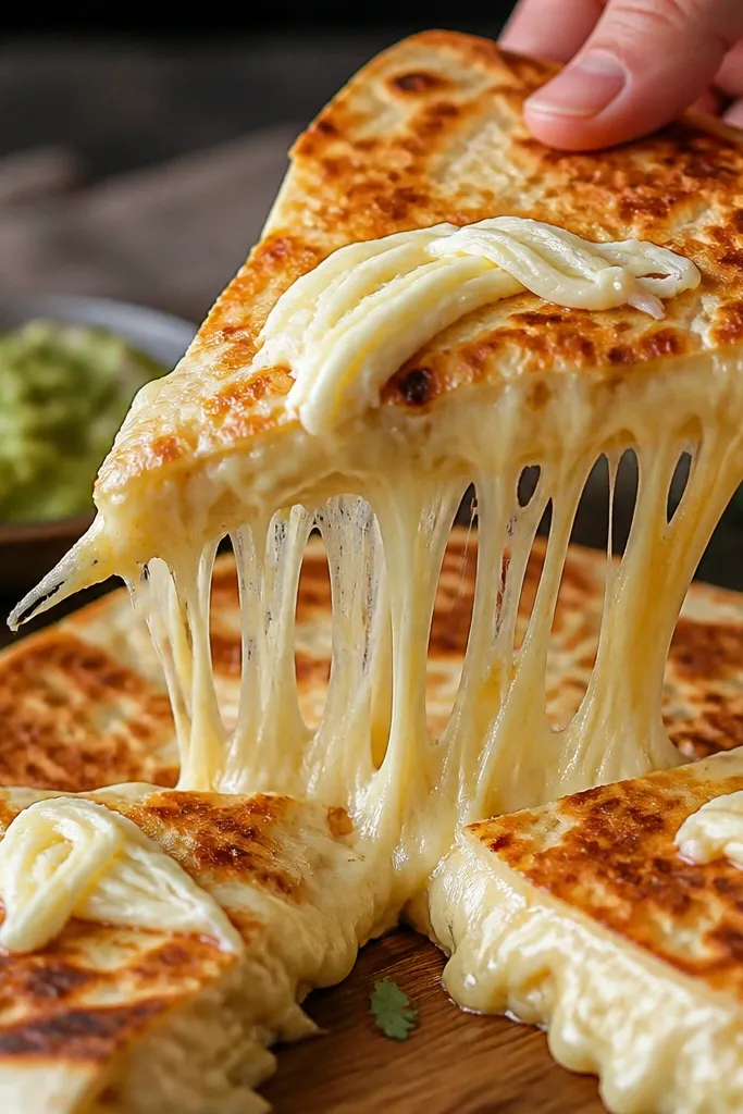 Two-tone cheese coverage: pale white Monterey Jack melting into slightly stretchy pale strands, with a few thicker Oaxaca clumps placed on top for extra pull.