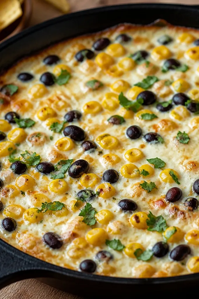 Yellow corn kernels with a few browned edges plus glossy black beans dotted across the cheese, with small green flecks from cilantro.