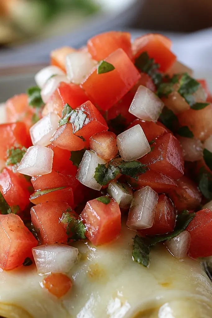 A glossy mound of diced tomato, white onion, and cilantro sitting on top of melted cheese, with visible red tomato cubes and tiny green herb pieces.