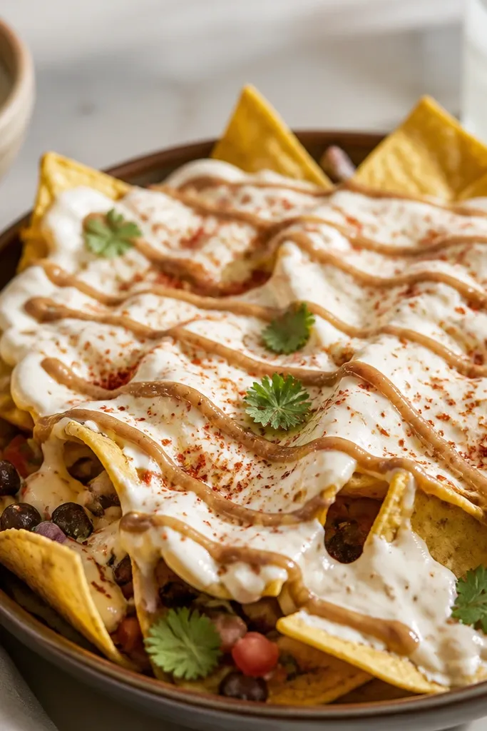 A pale white crema swirl over nachos, with a thin beige-brown drizzle streaked in a zigzag pattern and a few specks of chili powder.