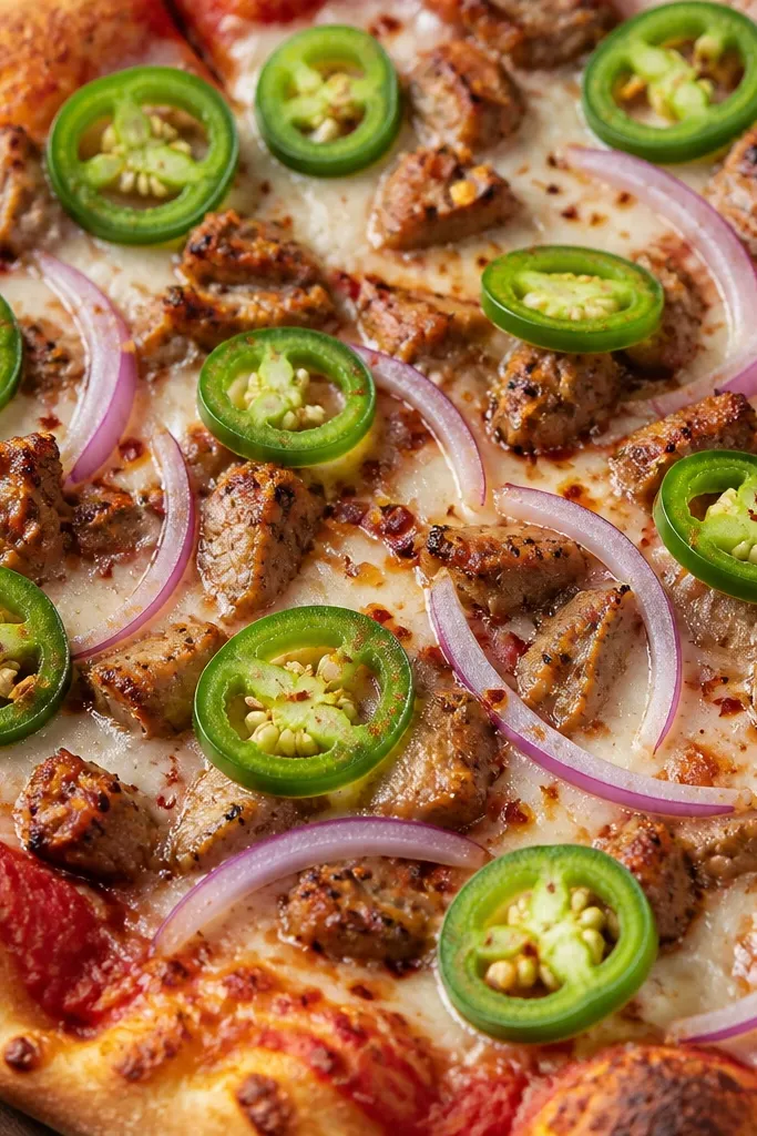 Bright green jalapeño rings scattered on top, with thin purple onion slices peeking through and tiny red chili flakes sprinkled over.