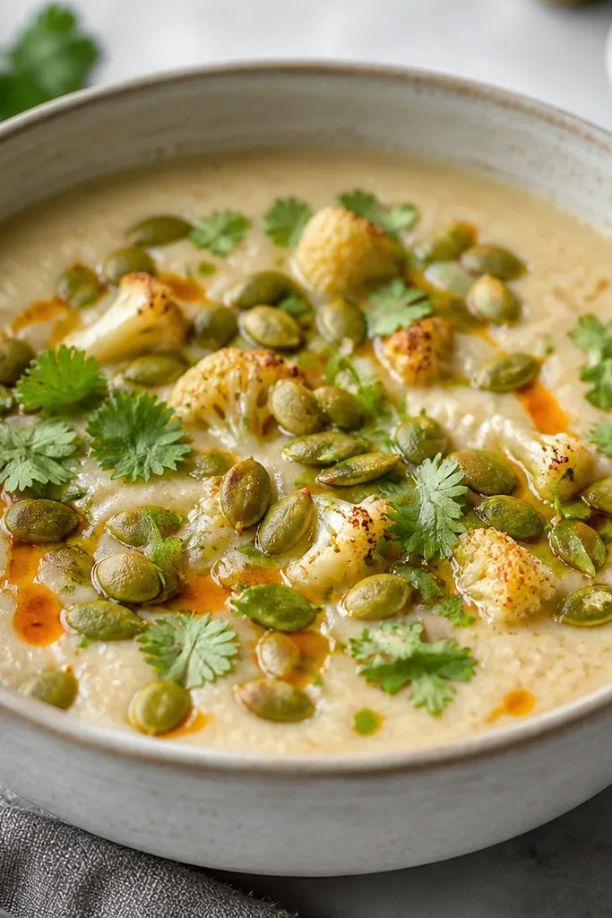 Tiny green cilantro leaves sprinkled across the top with a handful of toasted green pepitas that look dry and crunchy.