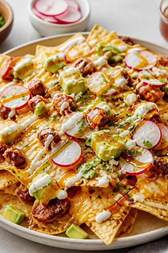 A glossy amber hot honey drizzle zigzagged over the nachos, visible against white crema and melted cheese.