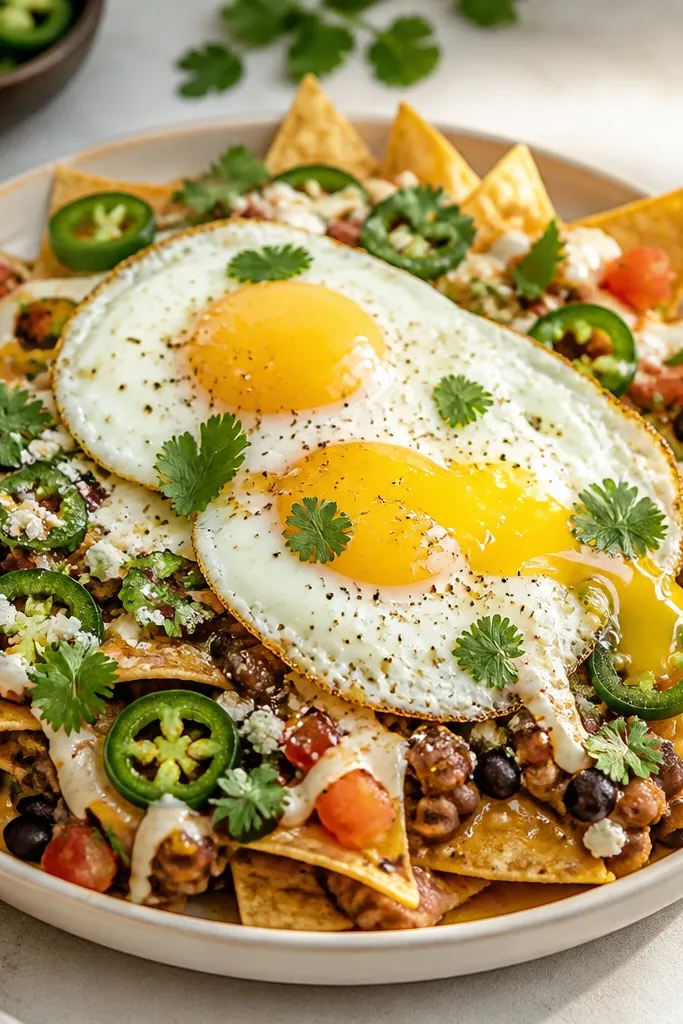 One or two sunny-side eggs placed on top of the nachos, yolks bright yellow and runny, with jalapeños and cilantro around them.