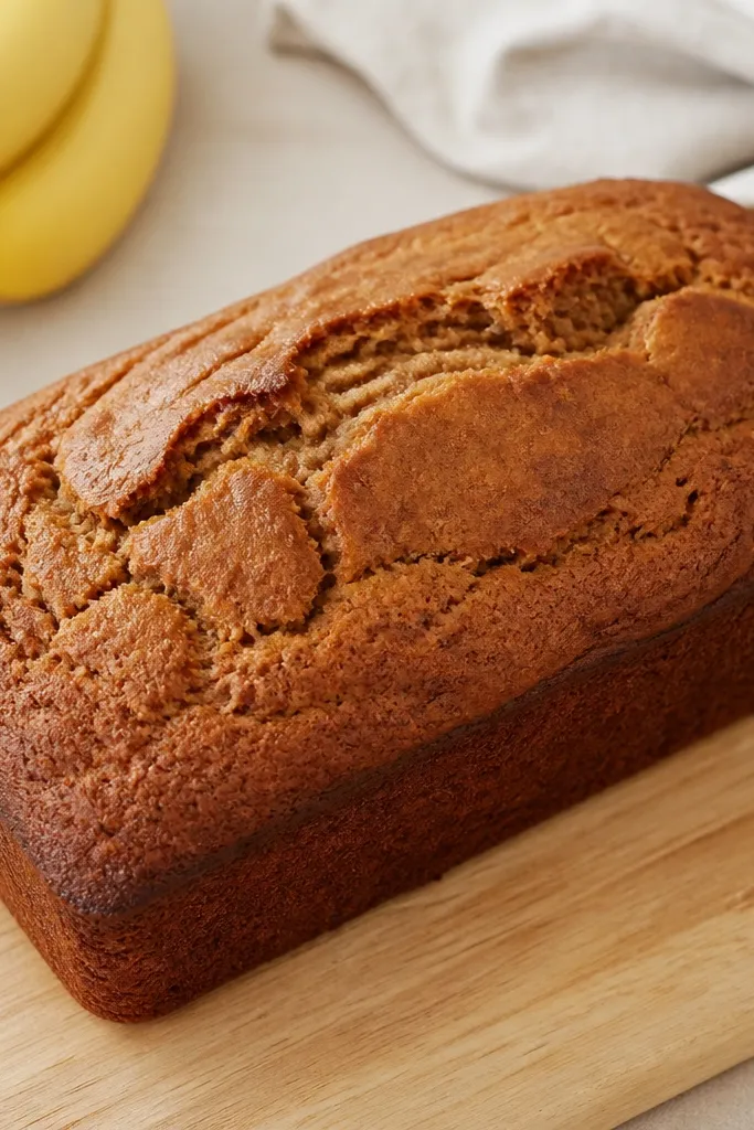 A whole almond flour banana bread loaf on a light wood board, the top a warm golden brown with a few natural cracks, edges slightly darker and matte rather than glossy.