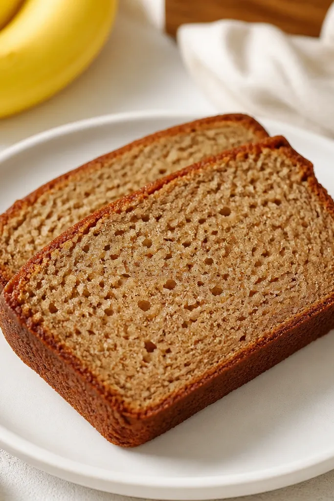 Two thick slices of banana bread on a white plate, the crumb looks even with small pores, and the edges are clean and slightly darker where the loaf browned.