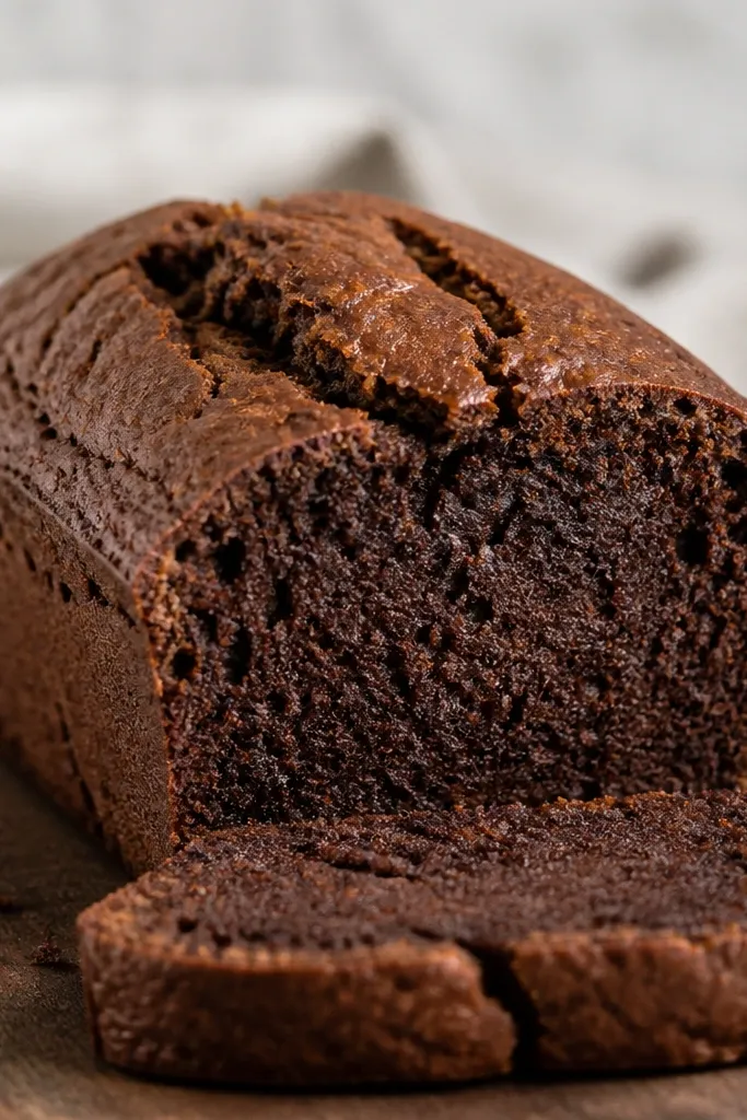 A cutaway photo showing the interior: the middle is darker than the crust but not shiny, with a moist, tender texture that looks firm rather than wet.